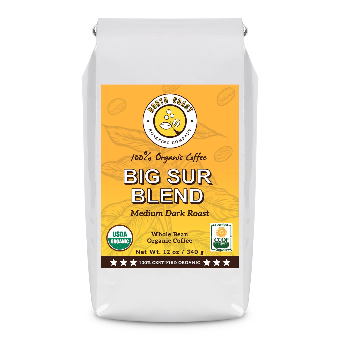 North Coast Roasting Company, Medium Dark Roast, Low Acid Organic Coffee, Whole Bean - Big Sur Blend, USDA Certified Organic Coffee Beans, 12 Ounce