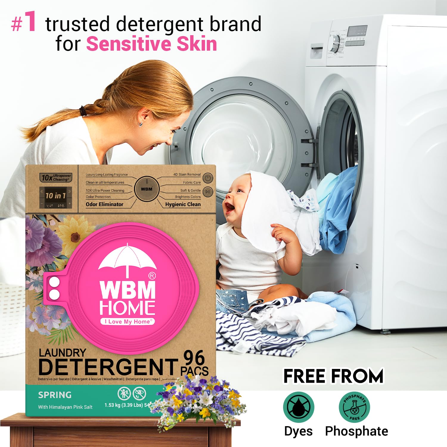 WBM Home Laundry Detergent Pods, Spring Fragrance Scent, 96 Count - HE Concentrated Laundry Pods With 10x Ultrapower Cleaning and 4D Laundry Stain