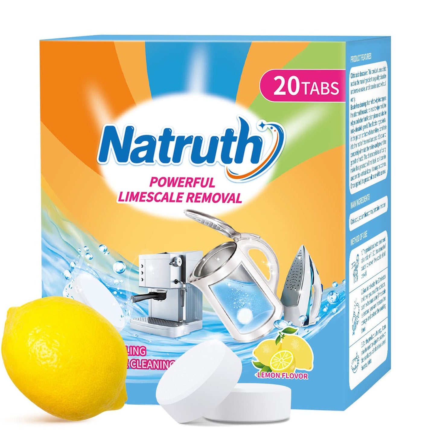 NATRUTH 20 Packs Powerful Limescale Removal,Efficient Water Bottle Cleaning Tablets,Odor-Free KETTLE & Coffee Cup Cleaner Tablets,Descaler for Coffee