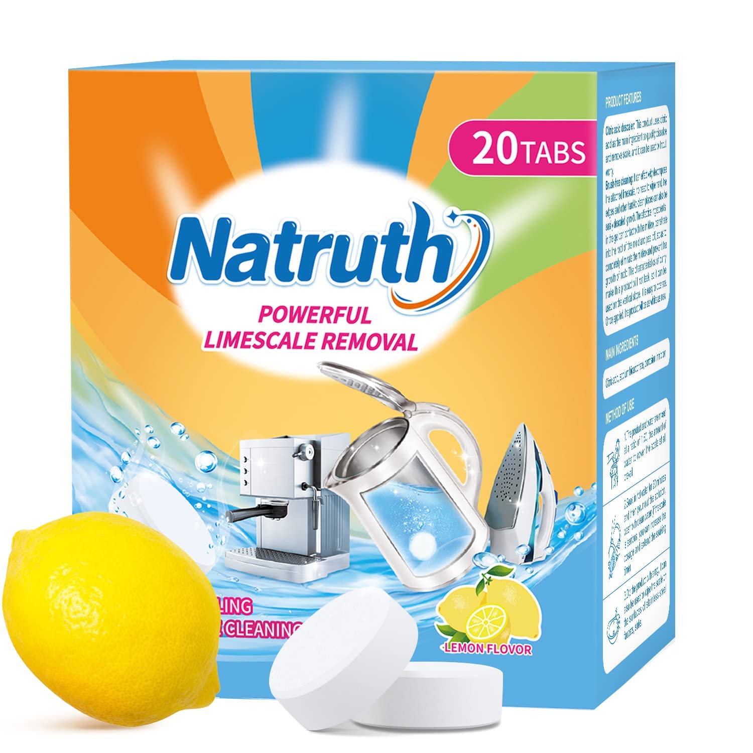 NATRUTH 20 Packs Powerful Limescale Removal,Efficient Water Bottle Cleaning Tablets,Odor-Free KETTLE & Coffee Cup Cleaner Tablets,Descaler for Coffee