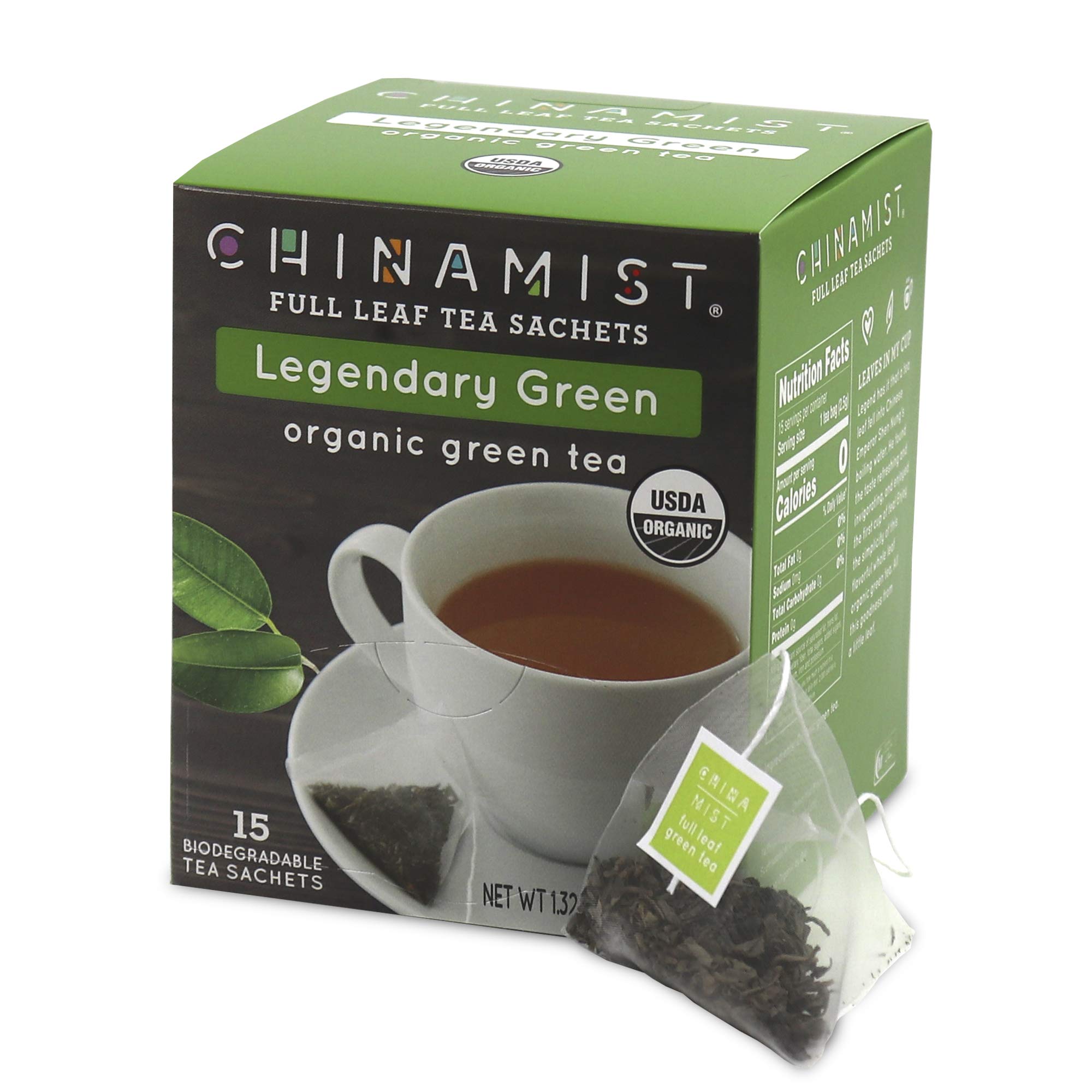 China Mist - Legendary Green Organic Full Leaf Tea Sachet, 15 count box - Biodegradable and Individually Wrapped (1 Pack)