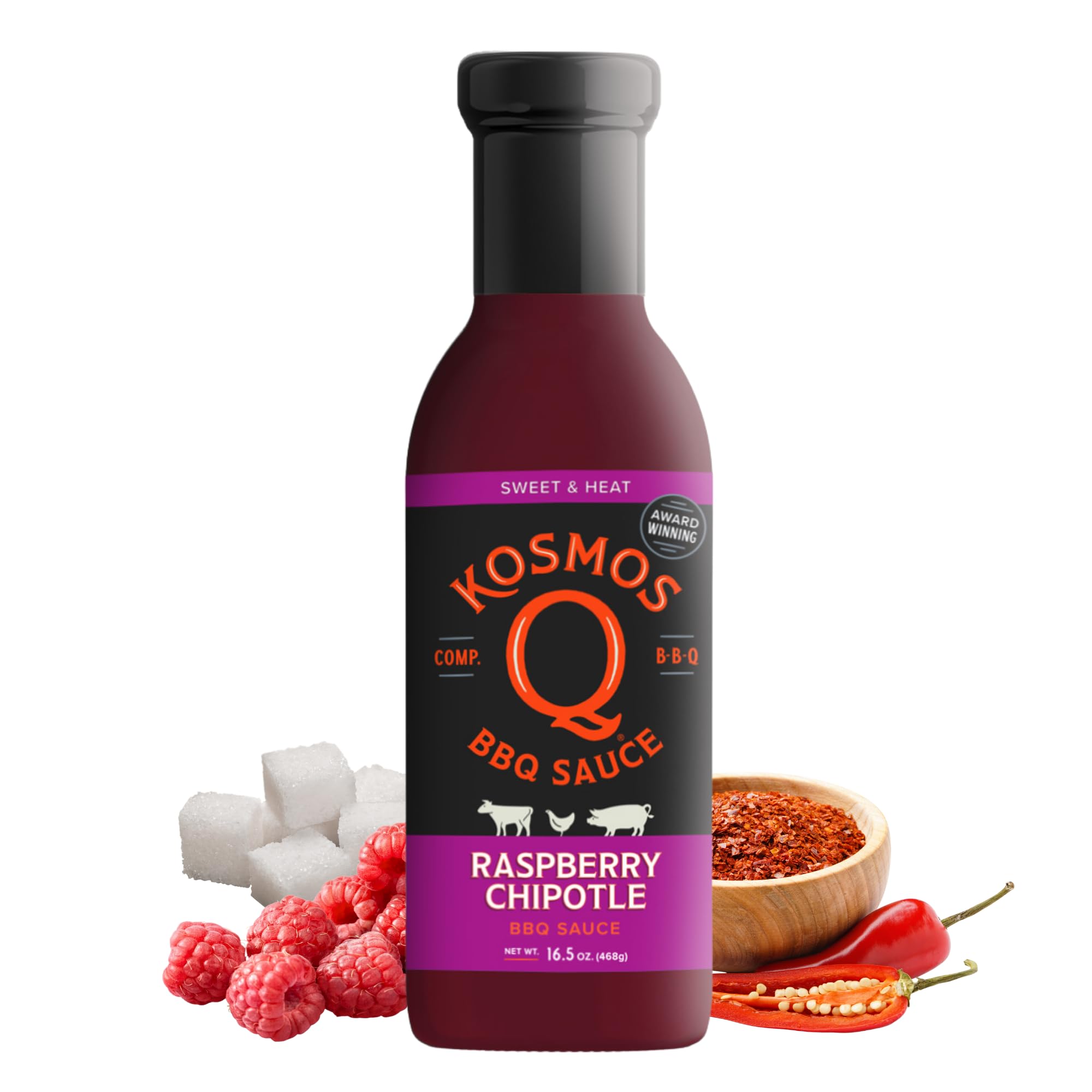 Kosmos Q Raspberry Chipotle BBQ Sauce, Sweet & Spicy BBQ Sauce with Real Raspberries & Chipotle Peppers, Bold Barbecue Sauce for Pork, Chicken