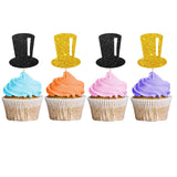 24PCS Tophat Cupcake Toppers, Hat Cupcake Topper for Boys, Little Boy Food Picks, Magic Themed Birthday Party Decoration - Black & Gold Glitter