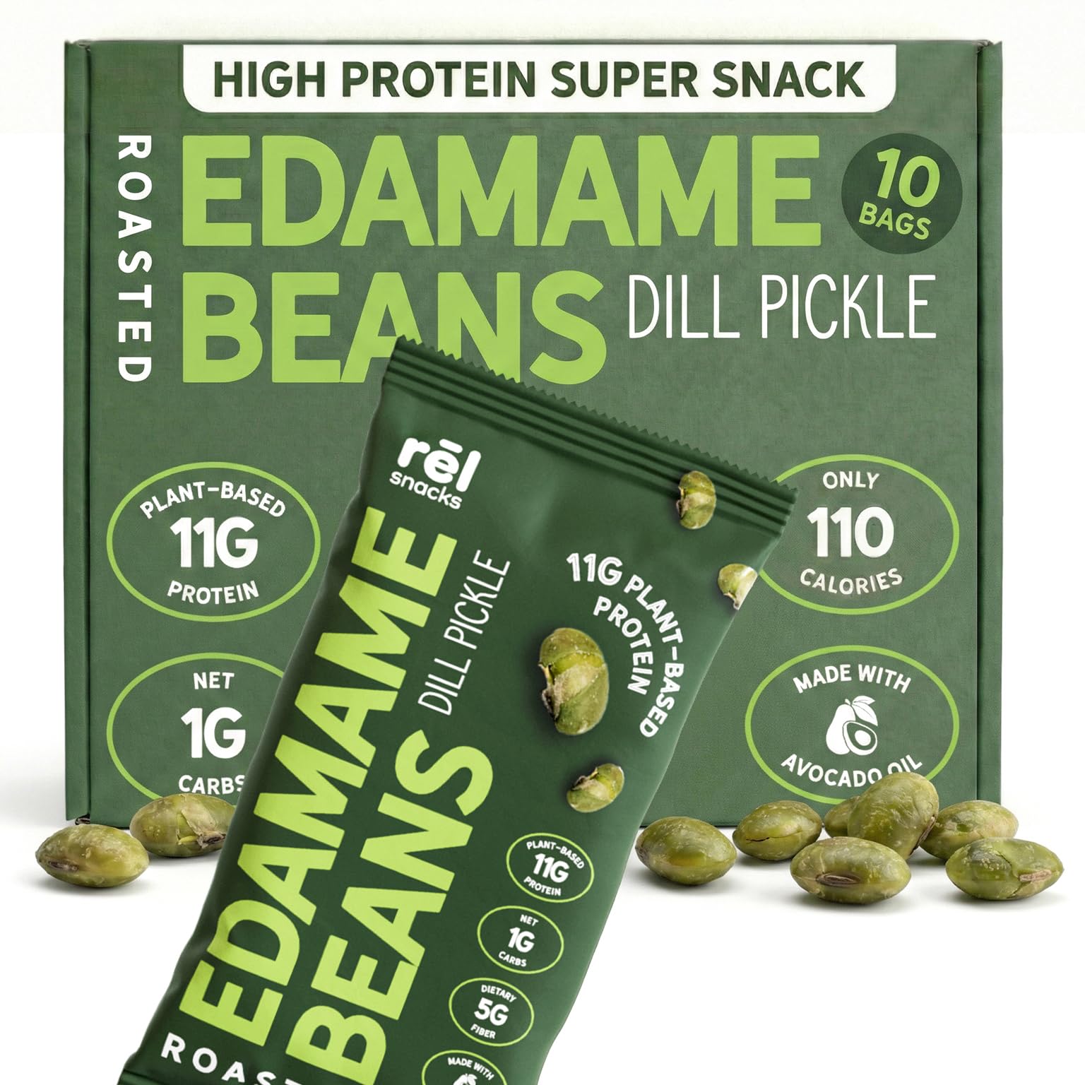 Rel Snacks Dill Pickle Roasted Edamame Beans - High Protein, Low Carb Snack (11g Protein) - Keto, Vegan, Non-GMO - Made with Avocado Oil - 10 Pack