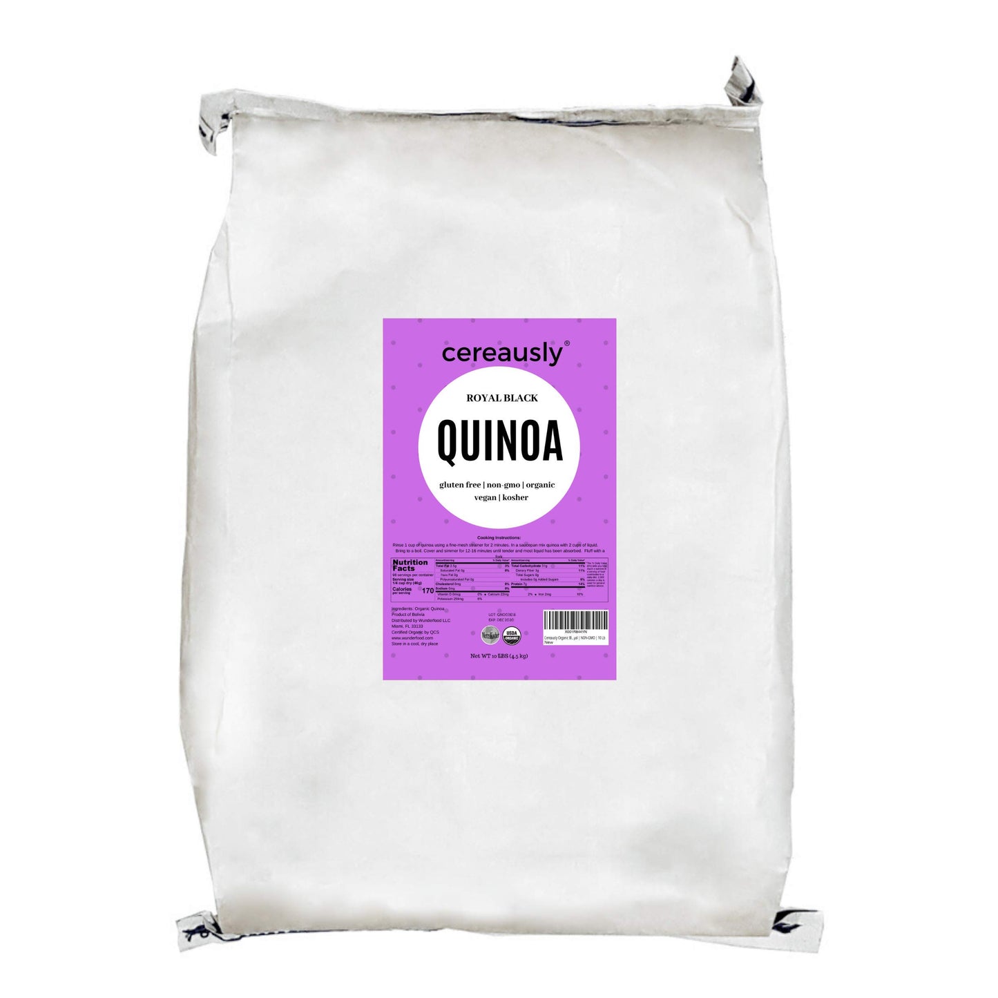 CEREAUSLY Organic Black Quinoa - Premium Royal Quinoa from Bolivia - Kosher and Non-GMO Quinoa Bulk - Vegan and Gluten-Fee Cooking Quinoa - 10 LB