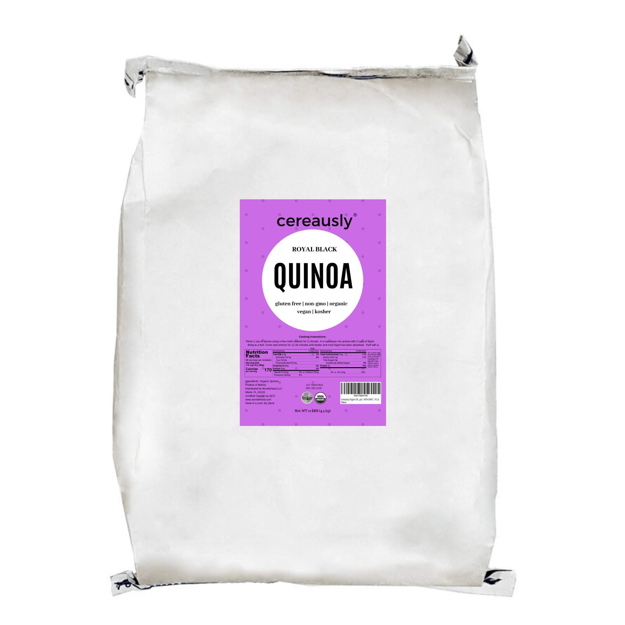 CEREAUSLY Organic Black Quinoa - Premium Royal Quinoa from Bolivia - Kosher and Non-GMO Quinoa Bulk - Vegan and Gluten-Fee Cooking Quinoa - 10 LB
