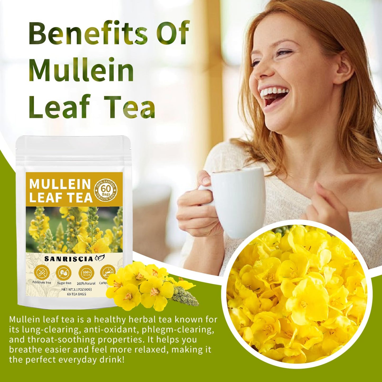 60 Handmade Mullein Tea Bags,100% Pure and Natural Mullein Leaf Tea, No Sugar/Caffeine/Additives, Support Lung Health & Respiratory Wellness