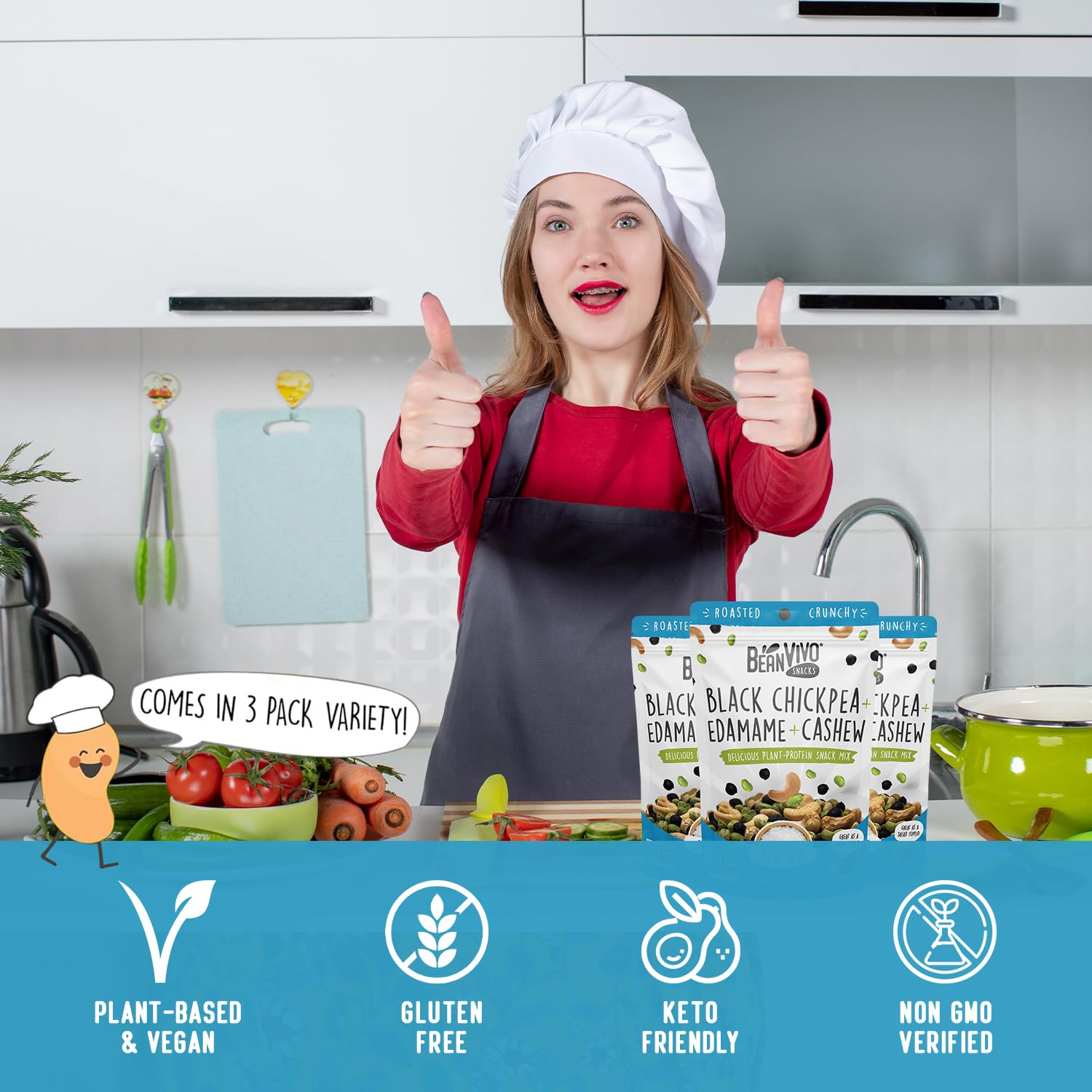 BeanVIVO Healthy Snacks for Adults & Kids with 7g Protein & 5g Fiber per Serving with Dried Edamame, Roasted Cashew and Chickpeas - Vegan & Gluten