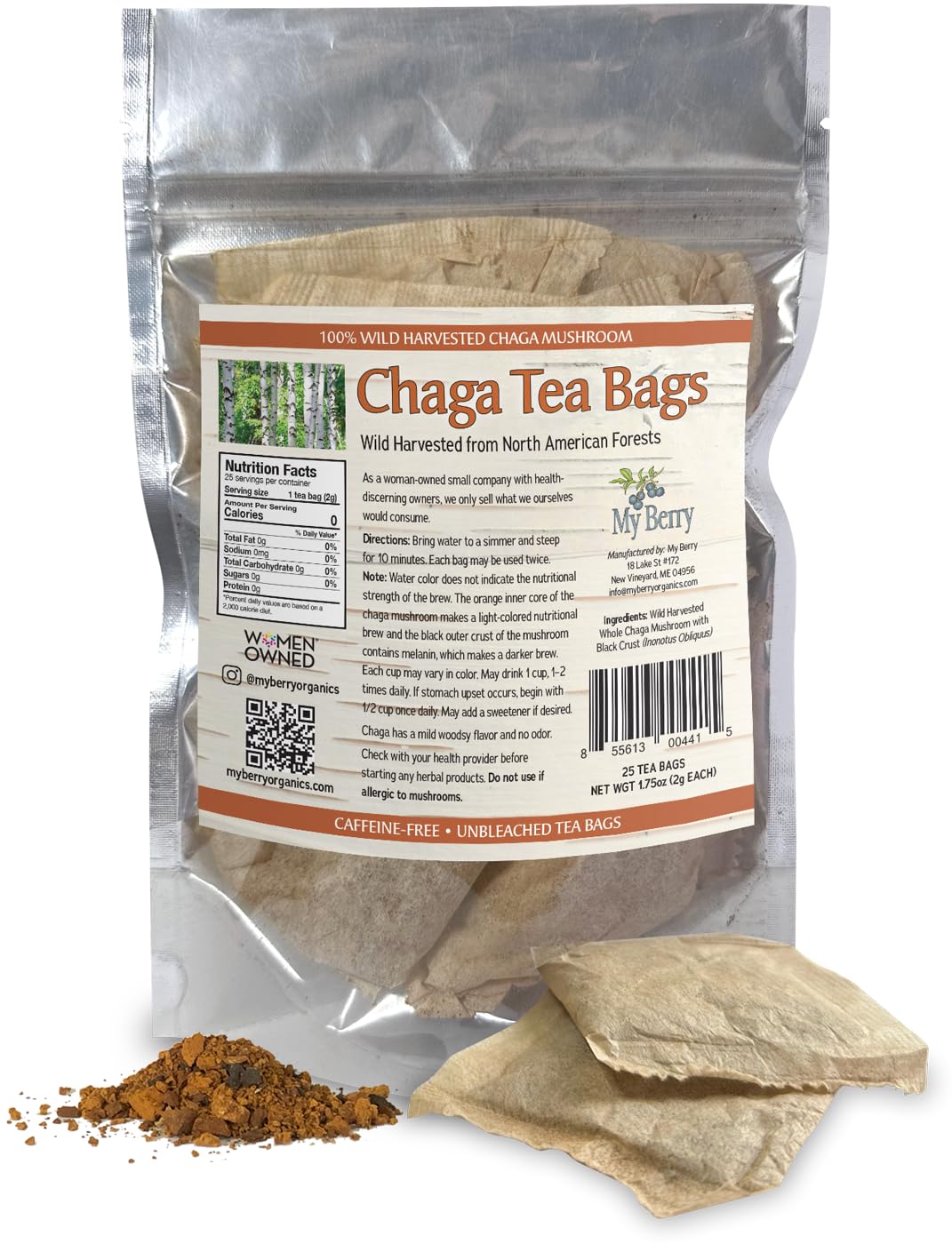 Chaga Tea Bags by My Berry | 100% Canadian Wild-Harvested- NEVER Siberian | 100% Additive-Free Caffeine-Free Herbal Tea | 25 Bleach-Free Bags
