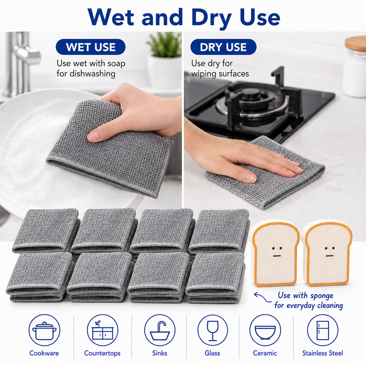 Non Scratch Wire Dishcloths 8 Pack with 2 Kitchen Sponges, Reusable Double Layer Wire Cleaning Cloths for Pots, Pans, Dishes, Sinks and Stove Tops