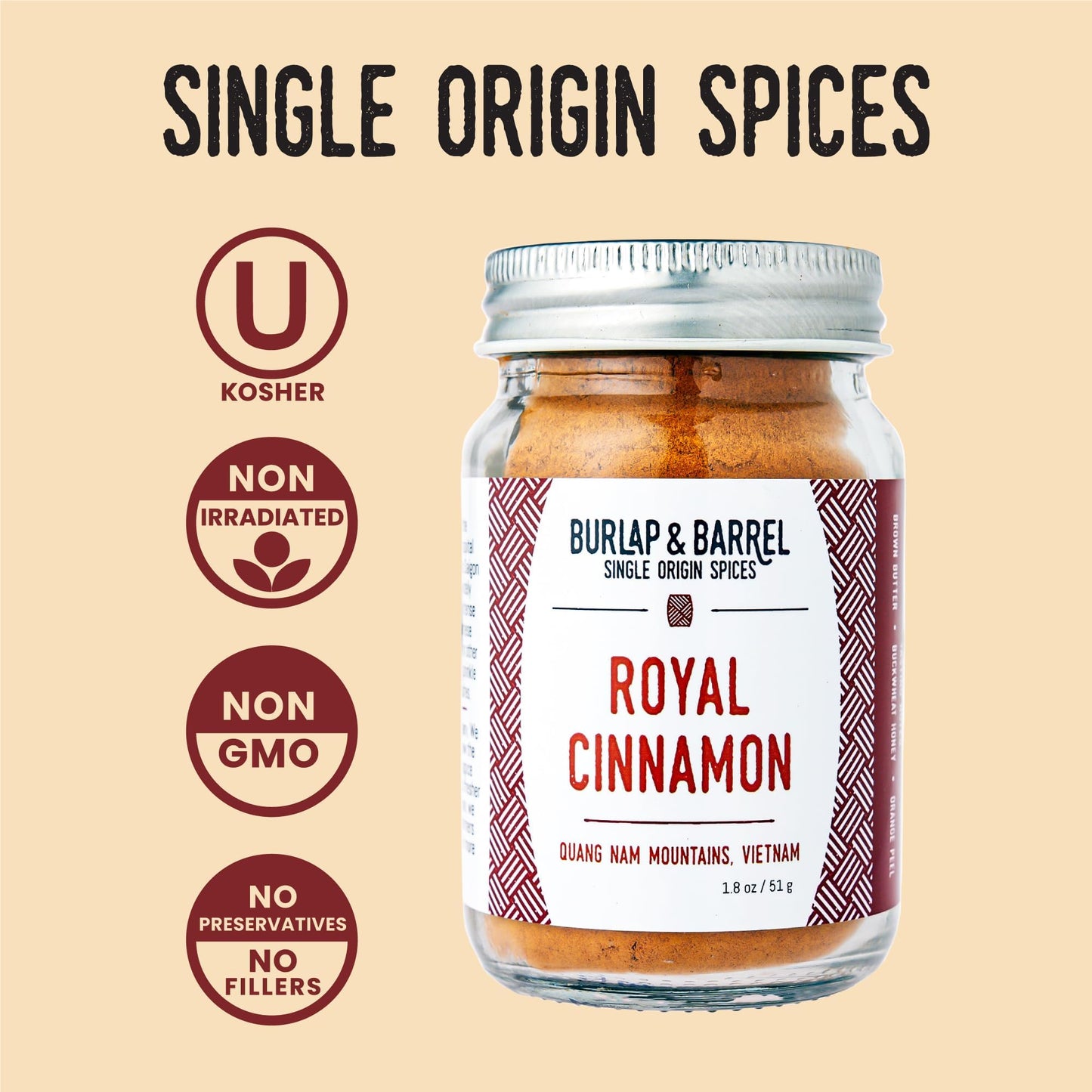 Burlap & Barrel Royal Cinnamon - Intense Sweetness & Spiciness of Vietnamese Cinnamon Powder & Spice - As seen on Shark Tank - 1.8oz Glass Jar