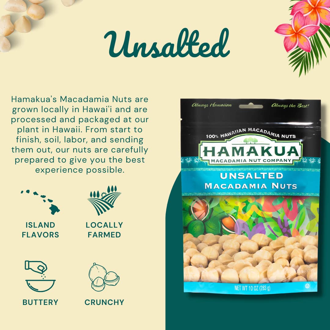 Hamakua Macadamia Nuts - Unsalted Hawaiian Grown Dry Roasted Half and Whole Macadamias without Salt - Natural Eco-Friendly Large Macadamia Nuts (10 oz