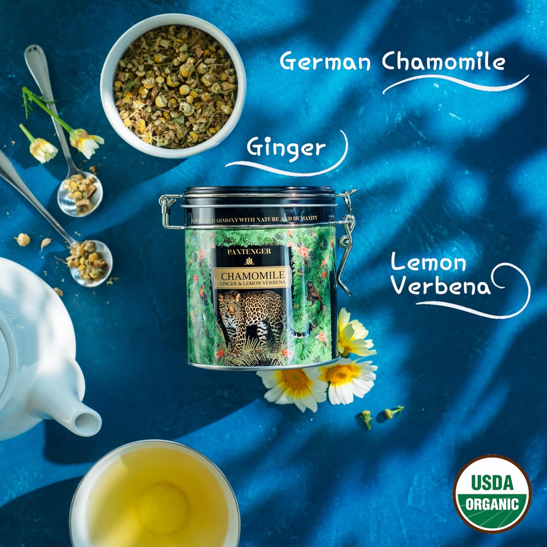 Organic German Chamomile & Ginger Herbal Tea | 20 Pyramid Bags | Calming and Digestive Caffeine Free Herbal Tea | By Pantenger