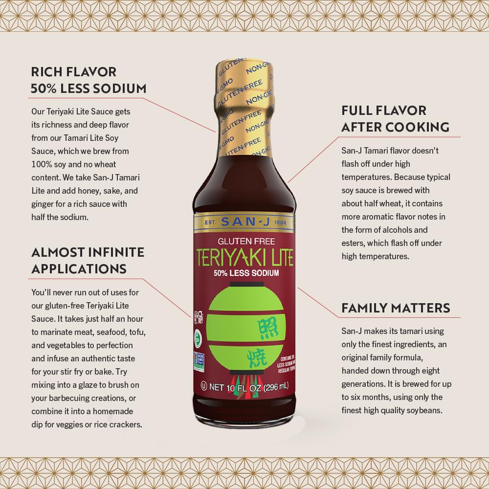 San-J - Gluten Free LITE Teriyaki Sauce with 50% Less Sodium - Well-balanced Sauce for Cooking - NON-GMO - 10 oz. Bottle