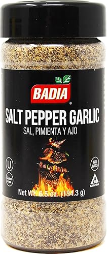 Badia Salt Pepper Garlic Seasoning, 6.5 oz - All Purpose Spice Blend for Rubs, Beef, Chicken, Steak, Vegetables - Gluten Free, No MSG