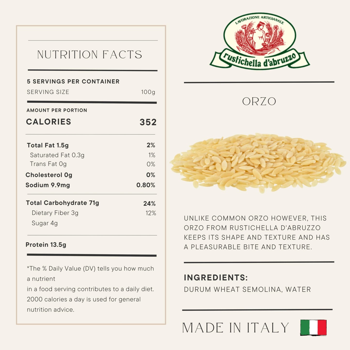 Rustichella d'Abruzzo Orzo Pasta - 500g Classic Durum Wheat Small Pasta - Perfect for Soups and Salads - Cooks in 6-8 Minutes - Authentic Italian