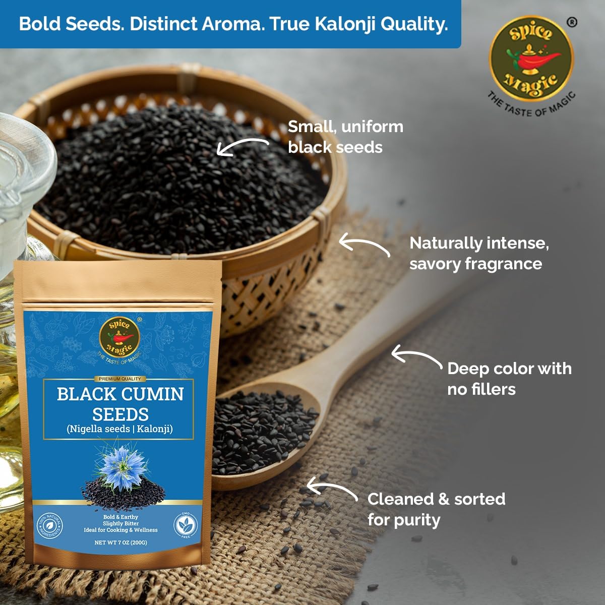 Spice Magic Whole Nigella Seeds I Black Cumin Seeds 7 oz (200G) I Premium Quality with Nutty, Peppery Flavor, Perfect for Breads, Curries, Salads