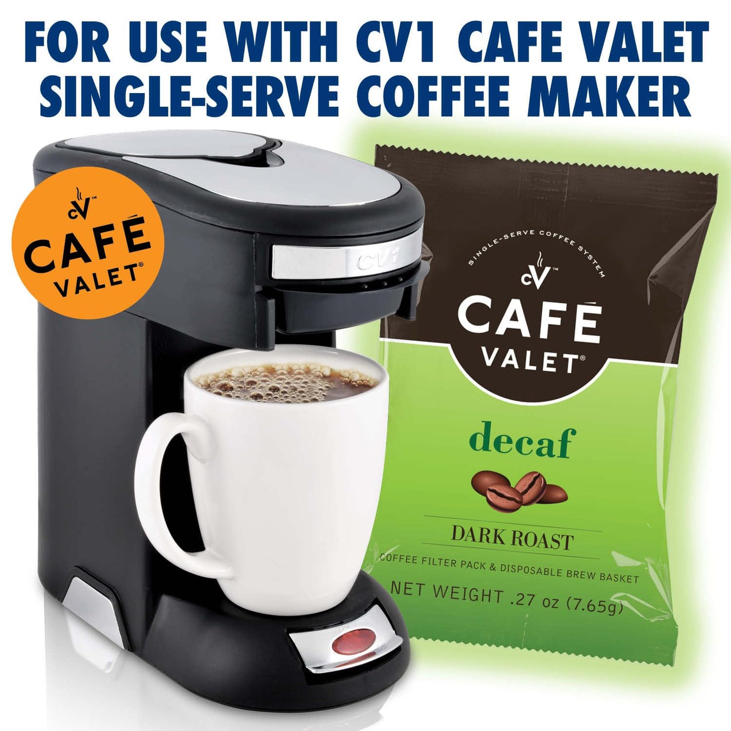 Café Valet DECAF Dark Roast Single Serve Coffee Packets - 84 Count - For Use with Café Valet Single Serve Cofee Makers - Disposable Brew Basket