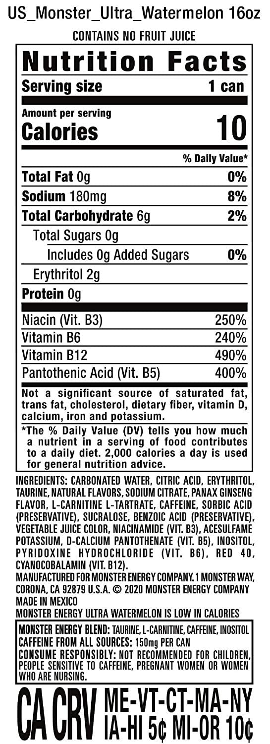 Monster Energy Drink Zero Ultra Variety - Paradise, Watermelon, Rosa, Fiesta 16 ounce (Pack of 16) and Stinger Pomegranate Passionfruit Chews