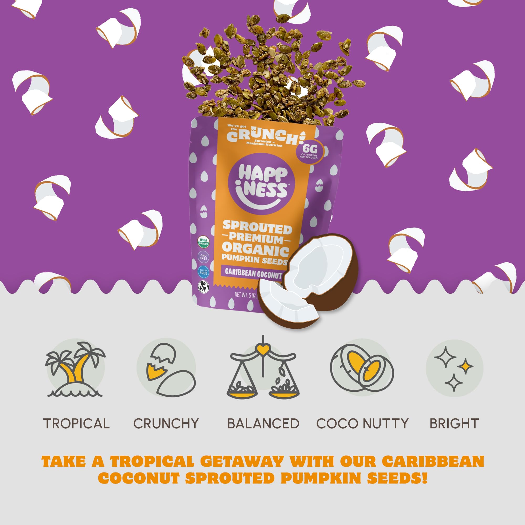 Happiness Foods™ Caribbean Coconut - Sprouted Organic Raw Pumpkin Seeds - High Protein, Certified USDA Organic, Non-GMO, Low Carb, Vegan, Gluten-Free