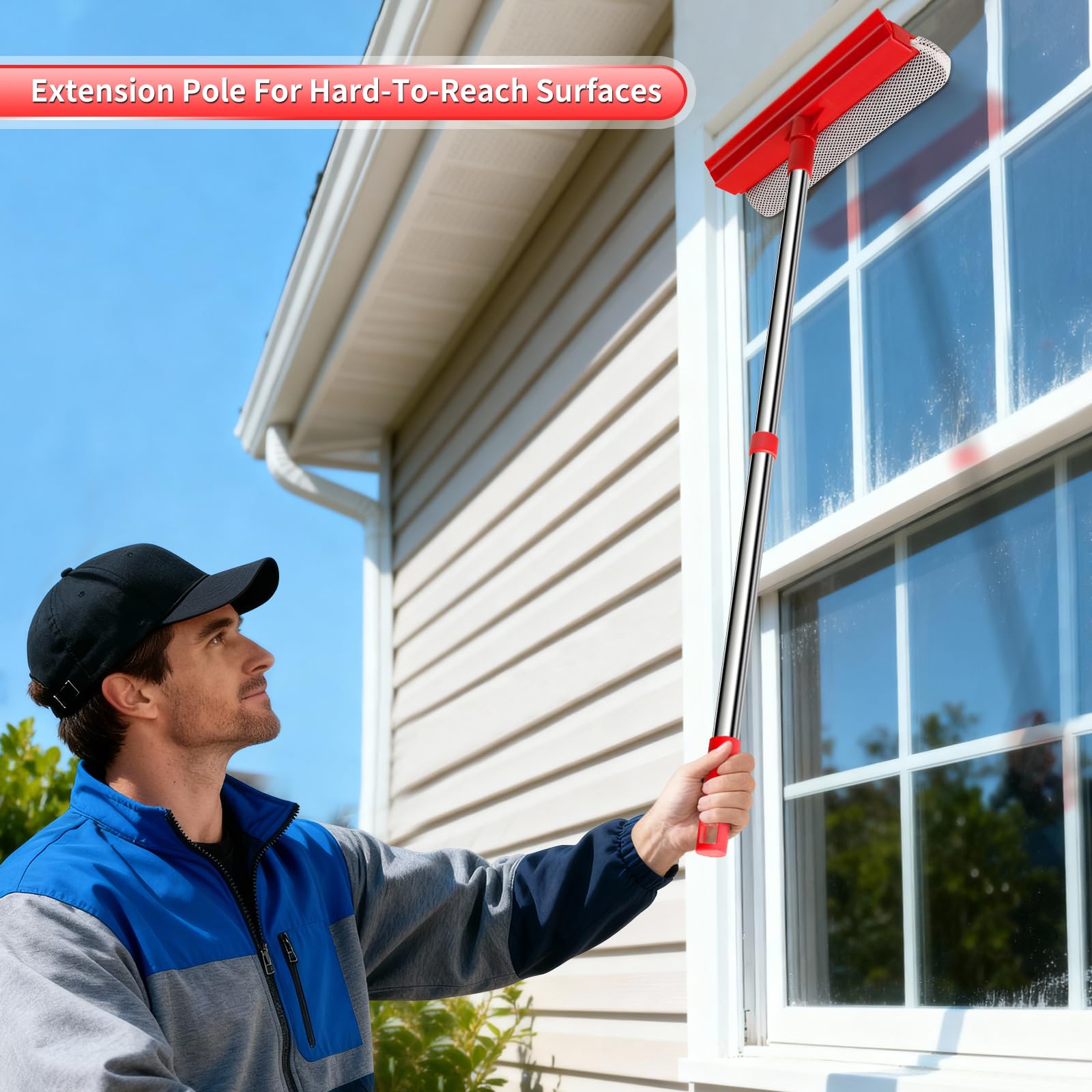 Window Squeegee with 18.5"-28.5" Retractable Handle, 2-in-1 Squeegee for Window Cleaning Tool for Cars, Trucks, Glass Doors, Shower, Outdoor Windows