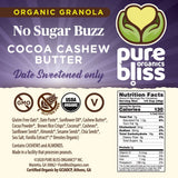 Pure Bliss Organics NO SUGAR BUZZ GRANOLA VARIETY PACK, 3-12oz bags, one each Cashew Raisin Granola, Cashew Cranberry , Cocoa Cashew Butter