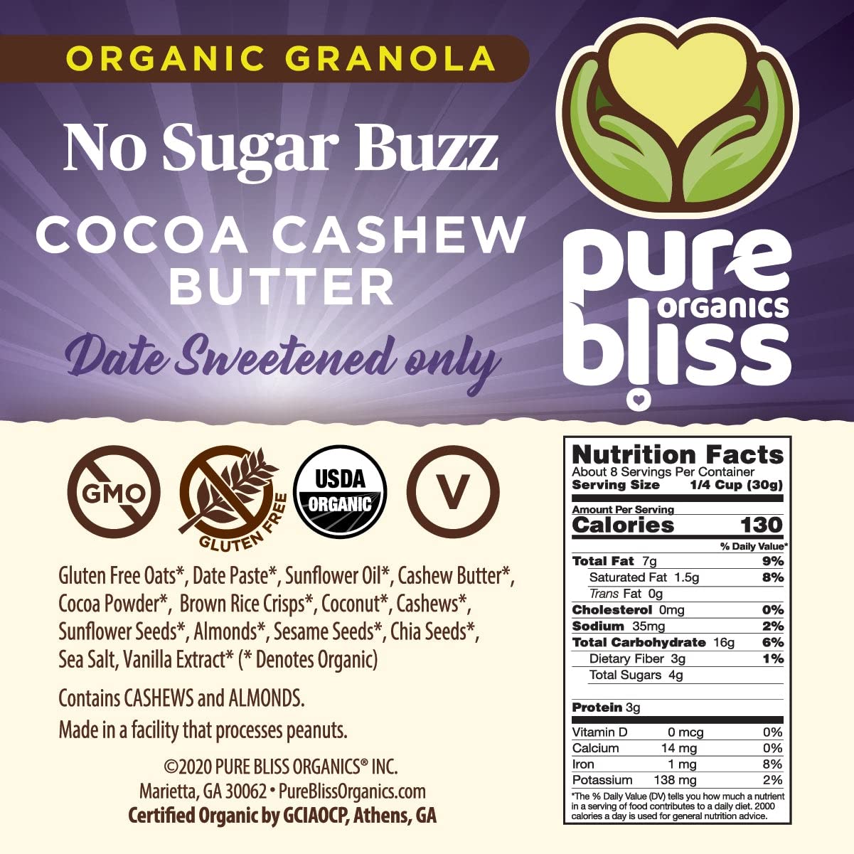Pure Bliss Organics NO SUGAR BUZZ GRANOLA VARIETY PACK, 3-12oz bags, one each Cashew Raisin Granola, Cashew Cranberry , Cocoa Cashew Butter