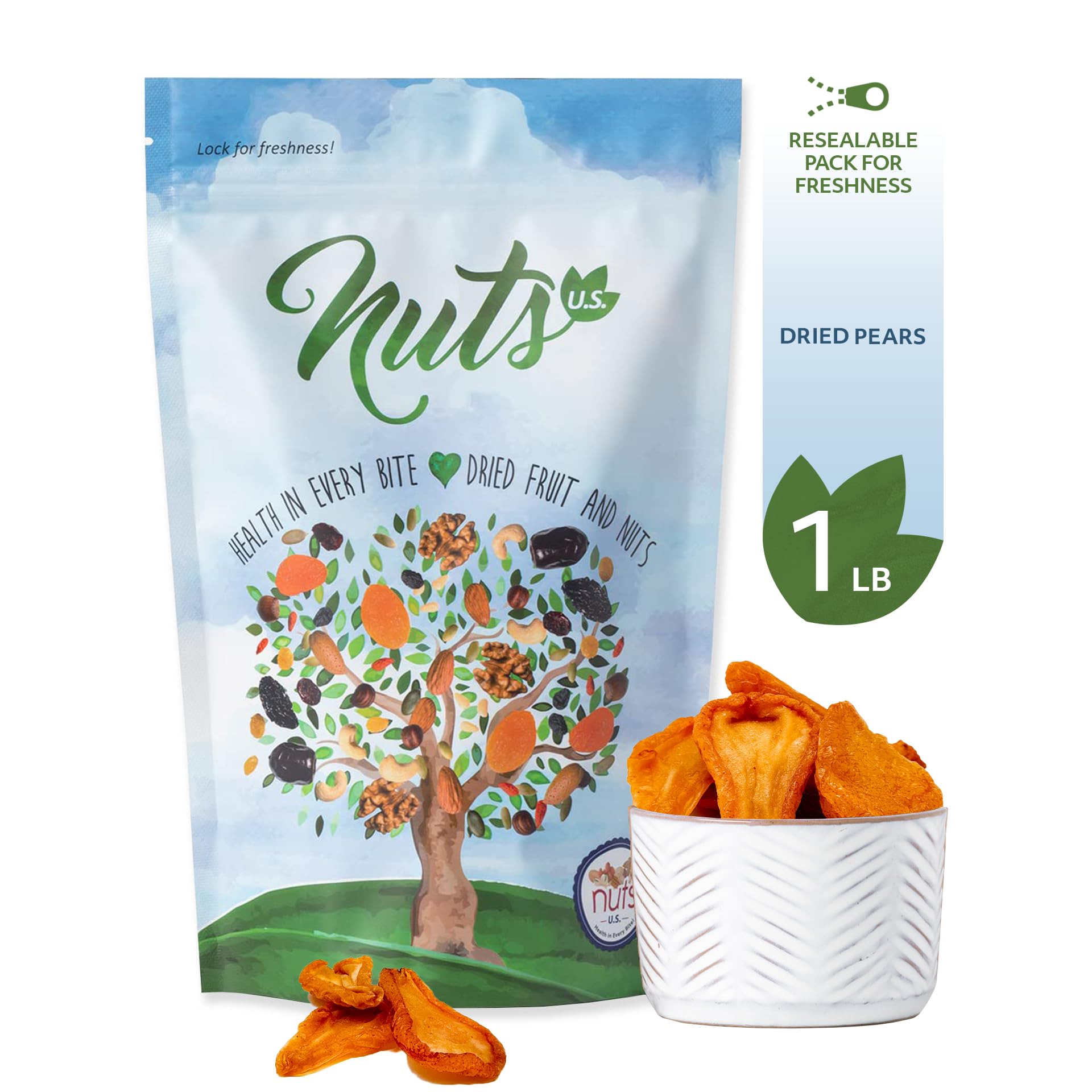 NUTS U.S. - Dried Pears I No Added Sugar I Fresh and Tasty I Non GMO and Gluten Free I Freshly Packed in Resealable Bags (1 LB)