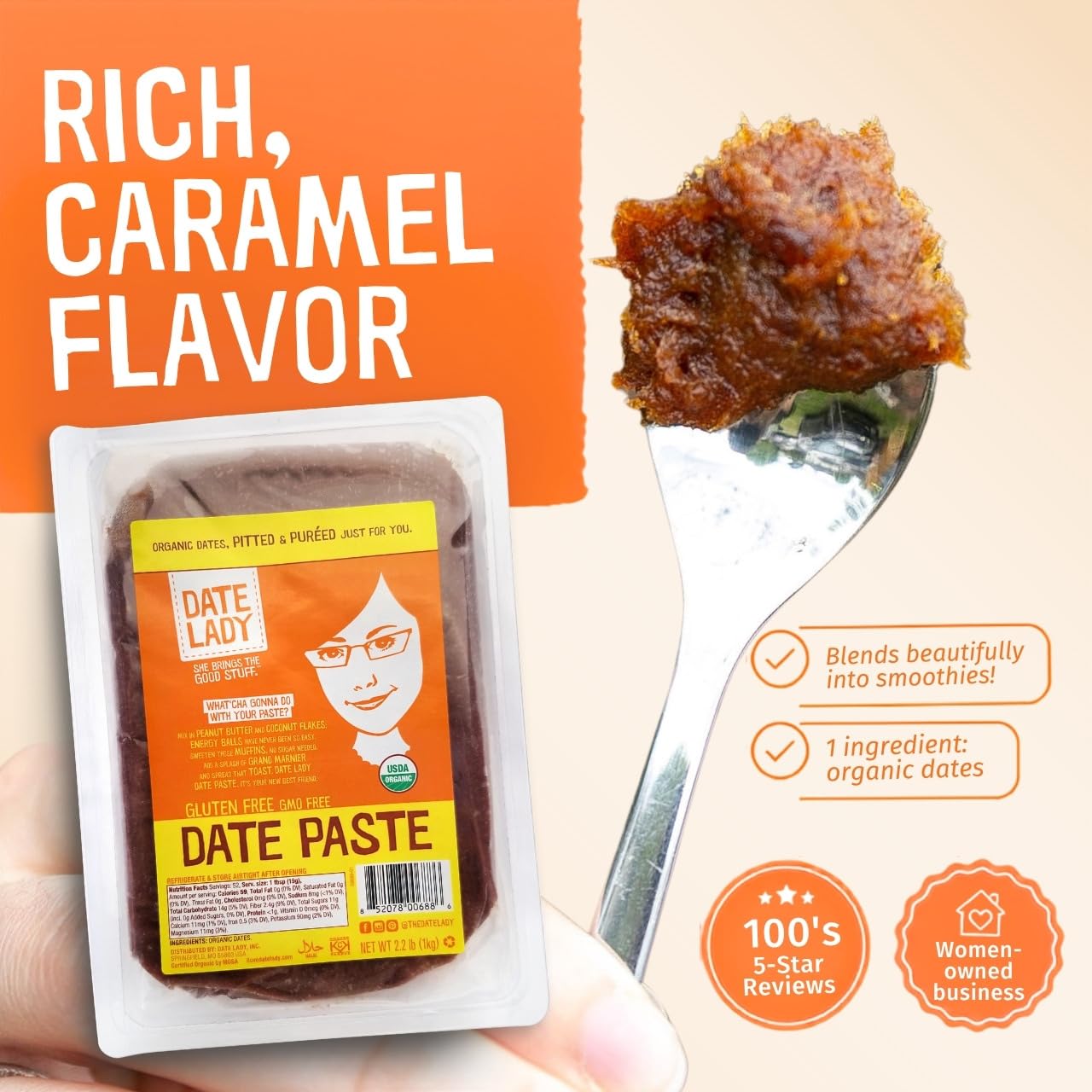 Date Lady Organic Date Paste (2.2 lbs) | 1 Ingredient: 100% Organic Dates | Vegan, Paleo, Gluten Free & Kosher | No Added Sugar | Substitute for Sugar