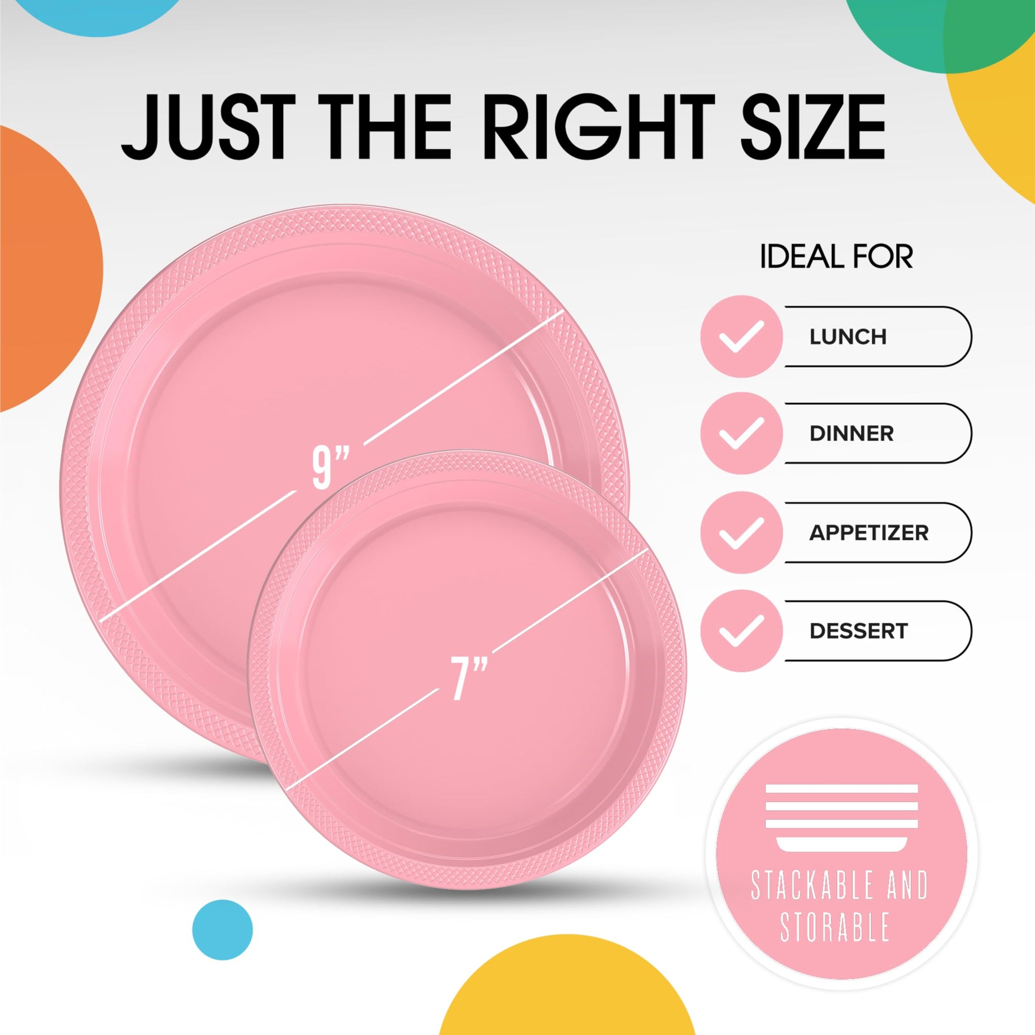 Party Solids Pink Plates Disposable Pink Plastic Plates 100 Pieces - 50-7" & 50-9" Heavy Duty 350 GSM Disposable Dinnerware Sets, Plastic Dinnerware