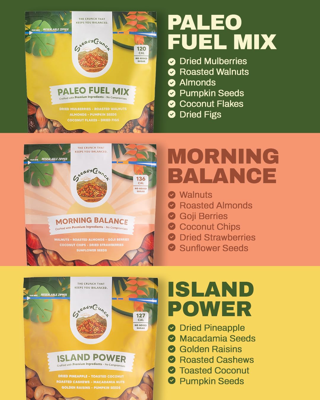 SteadyCrunch Balance Nutrition Trail Mix Variety Pack - Assorted Mixed Nuts & Dried Fruit - Non-GMO, Vegan & Gluten Free Healthy Snacks for Adults