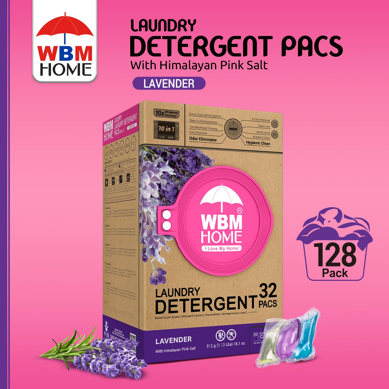 WBM 10-in-1 Laundry Detergent Pods, Fabric Softener with Lavender Extracts, High-Efficiency Laundry Pods with Powerful Stain Lifter Technology - 32