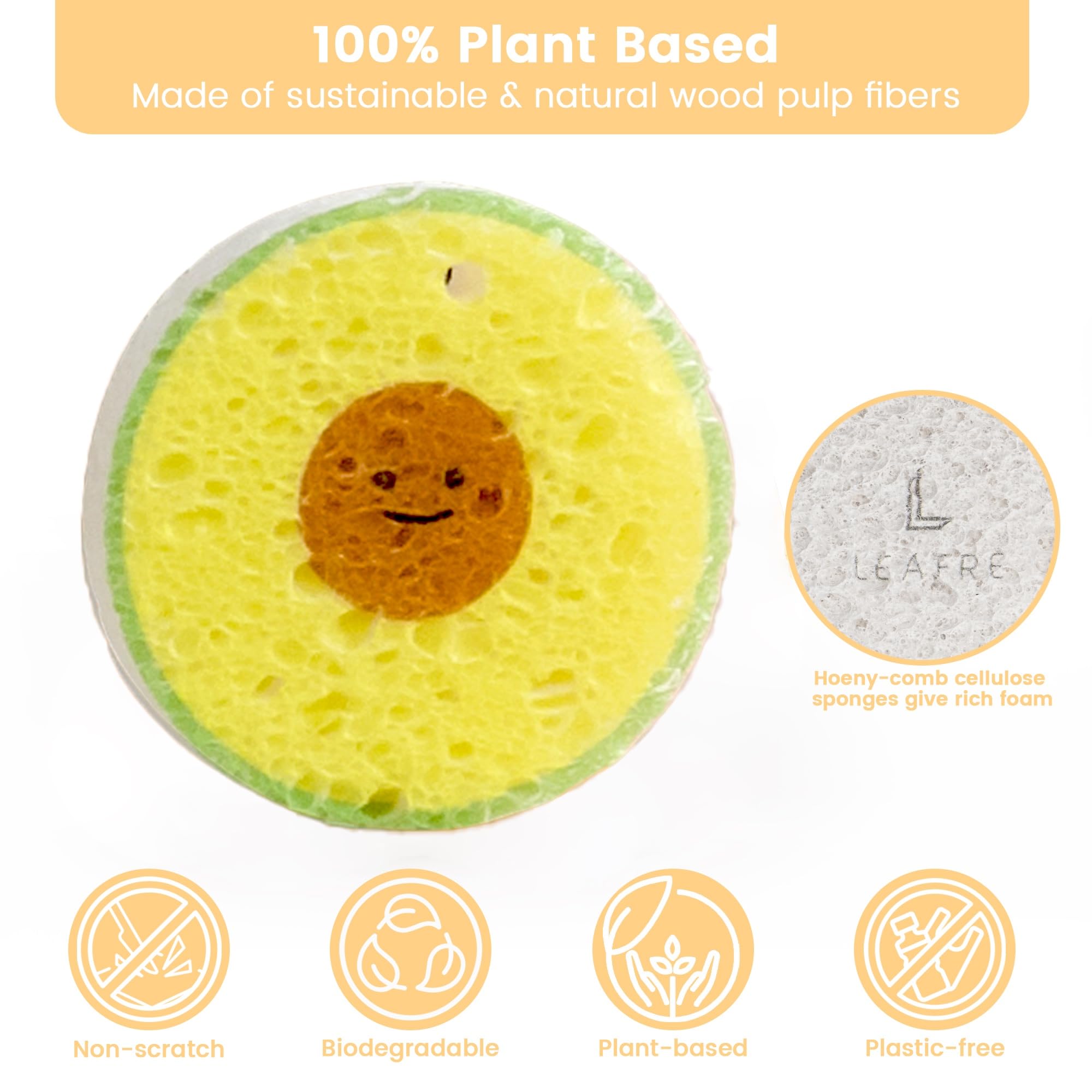 LEAFRE Cellulose Compressed Eco-Sponge 5 Pack- Avocado Sandwich Set |Standard Size| Plastic-Free & Made of All-Natural Wood Pulp | Showering