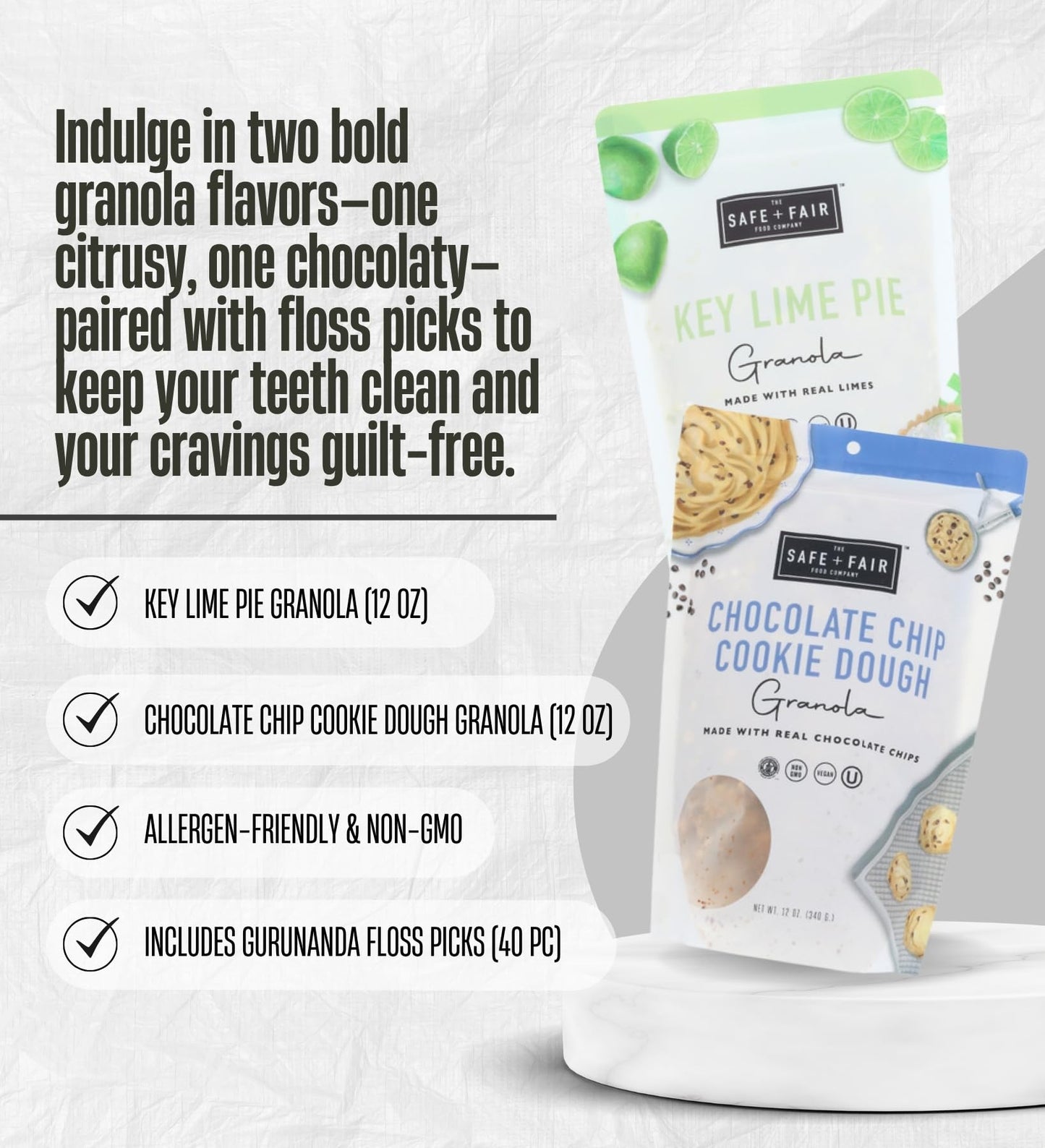 The Safe And Fair Food Company Granola Key Lime Pie 12 OZ, Chocolate Chip Cookie Dough 12 OZ Bundle with Dental Floss - Allergen-Free, Plant-Based