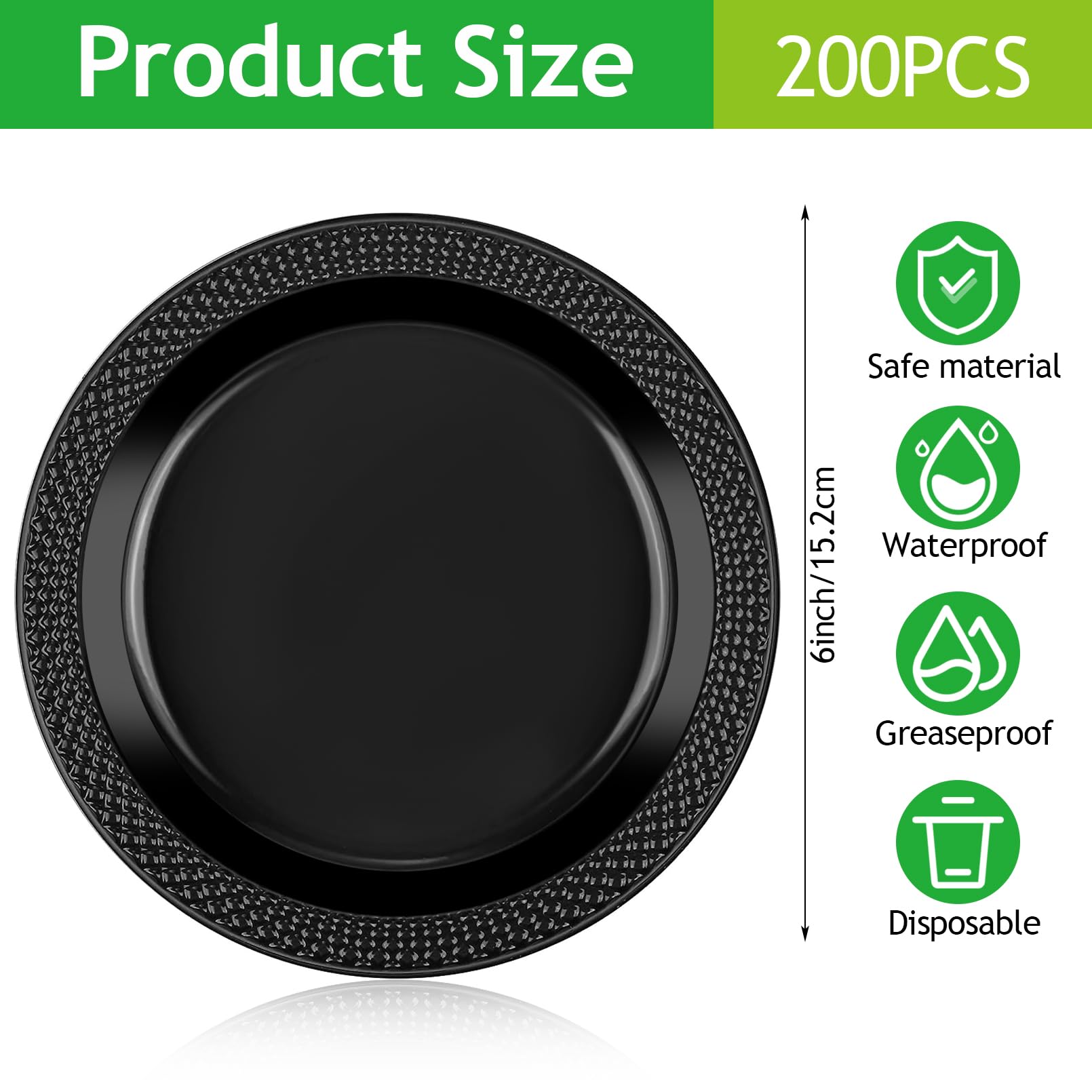 Vetory 200pcs Heavy Duty Round Dinner Party Plates - Disposable Black Plastic Plates for Birthday Party, Buffet, Travel, Picnic