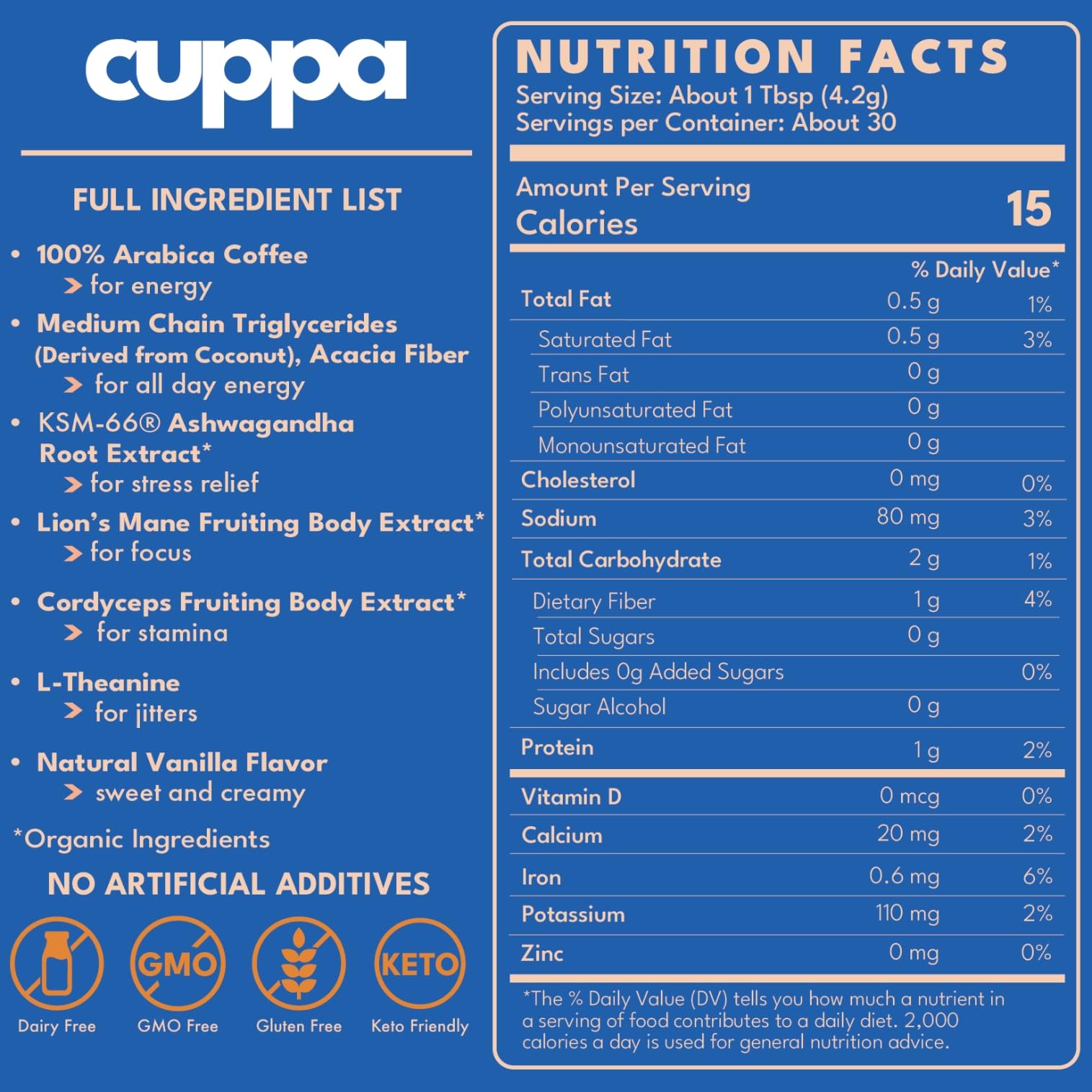 Cuppa French Vanilla Coffee - Great tasting medium roast with mushrooms, adaptogens & superfoods - Lion's Mane, Ashwagandha, Cordyceps, MCT, Prebiotic