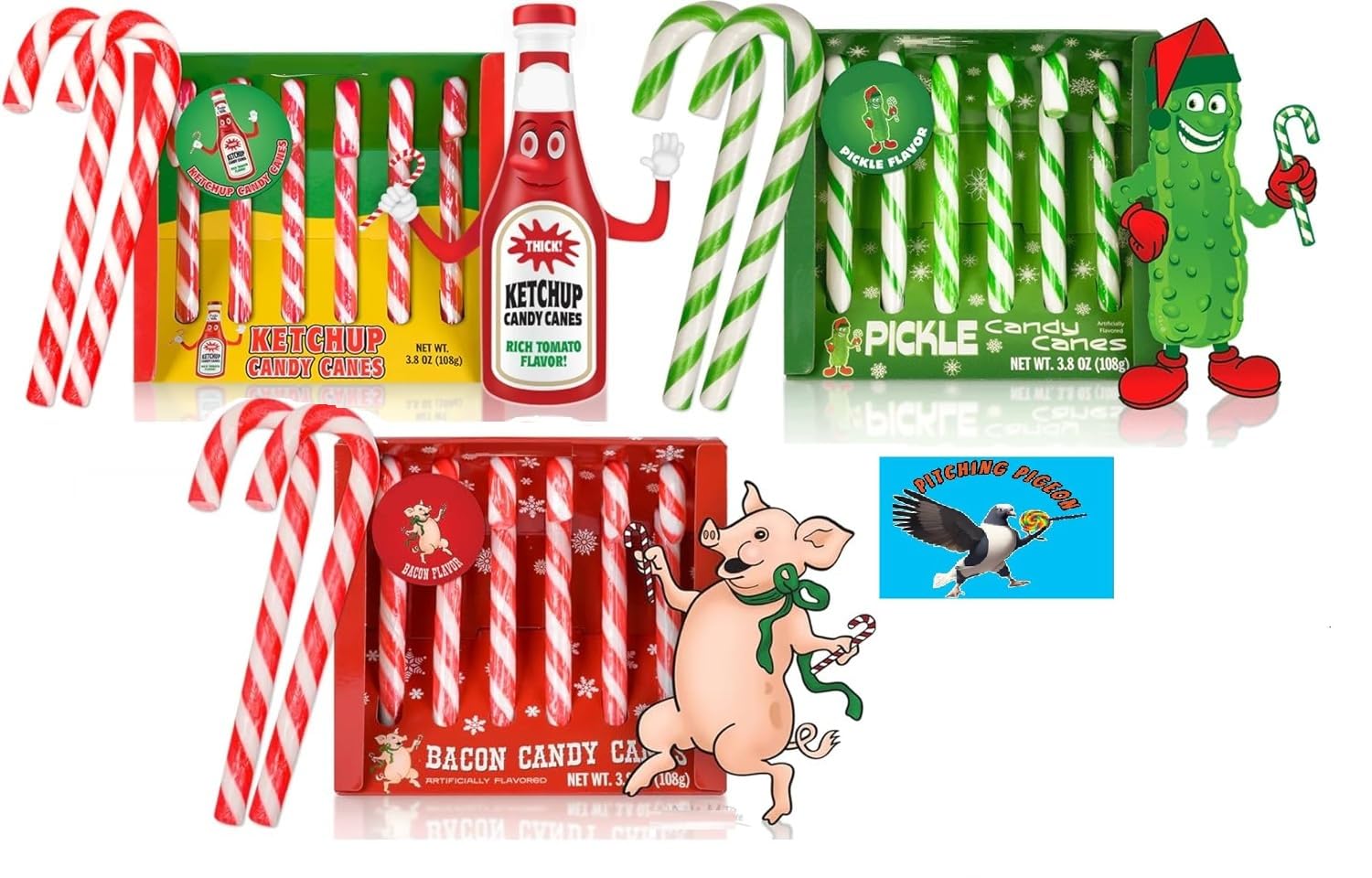 Dill Pickle, Bacon & Ketchup 18ct Christmas Candy Canes - Funny Savory Holiday Candy, Novelty Gag Gift Stocking Stuffers, Weird Flavor Candy Canes
