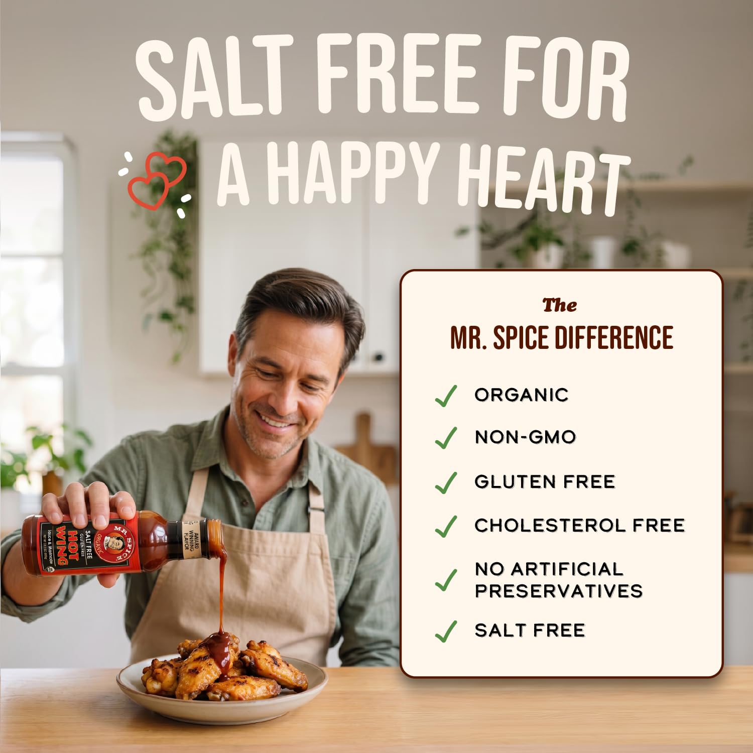Mr. Spice Organic Hot Wing Sauce, Salt Free Hot Wing Sauce (0mg/serving), Gluten Free, Low Sodium Sauces for Marinade, Grill & Air Fryer, No Salt