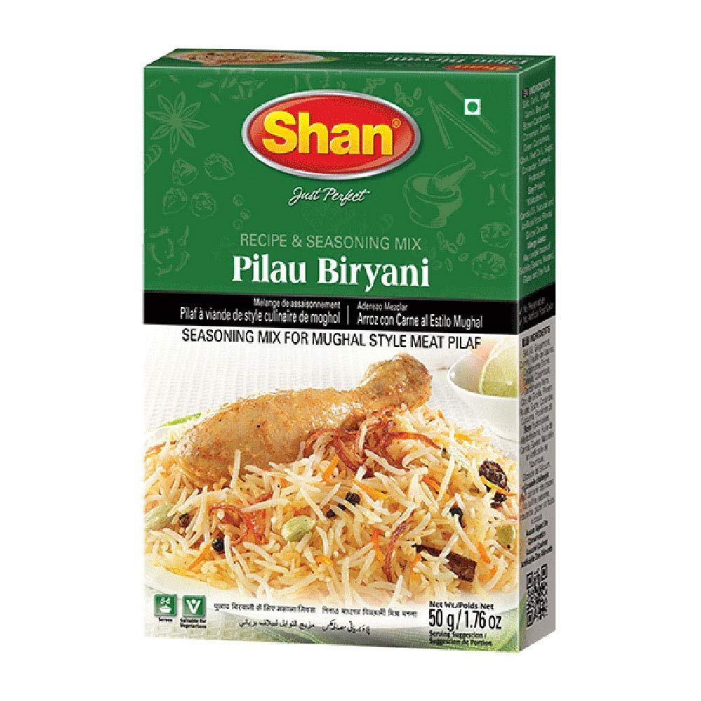 Shan Pilau Biryani Recipe and Seasoning Mix 1.76 oz (50g) - Spice Powder for Mughal Style Meat Layered Pilaf - Suitable for Vegetarians - Airtight Bag