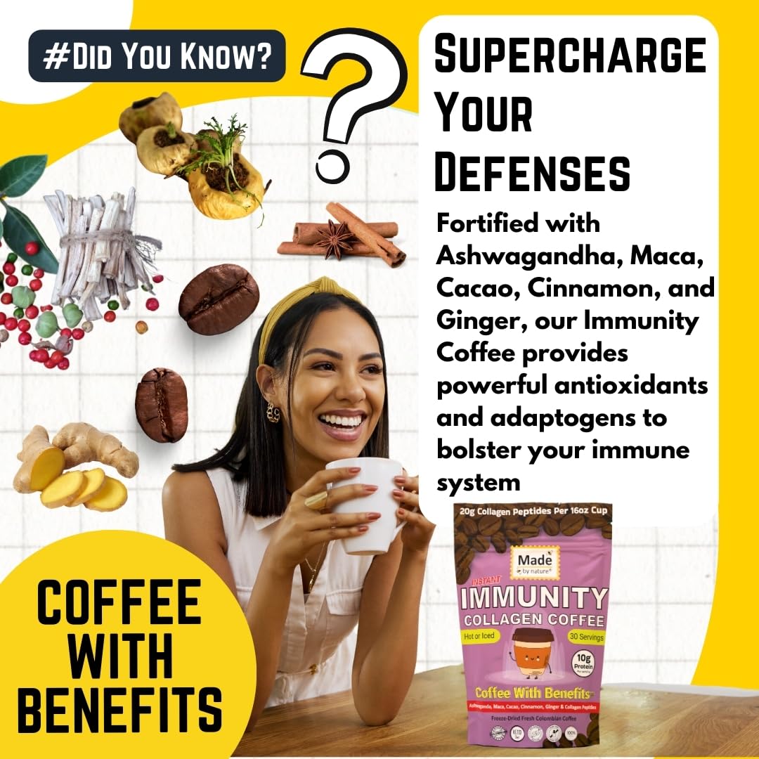 Made by Nature Immunity Collagen Protein Coffee | 30 Servings | Colombian Coffee | 10g Protein | Collagen Peptides | Skin, Joint, Muscle Support |