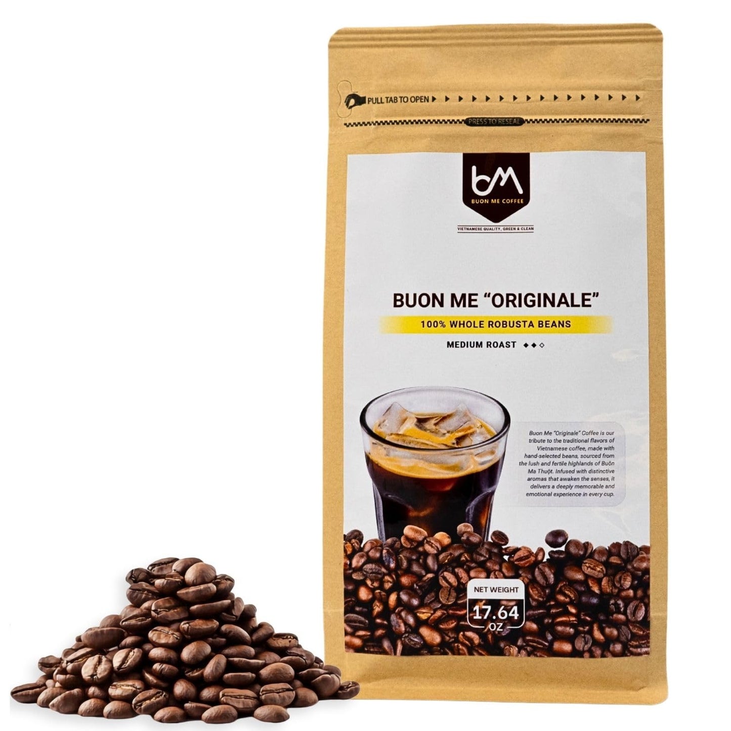 Buon Me Coffee Originalé Whole Bean, 100% Robusta Bean, Medium Roast Vietnamese Coffee, Everyday Strong Brew - 17.6oz Bag