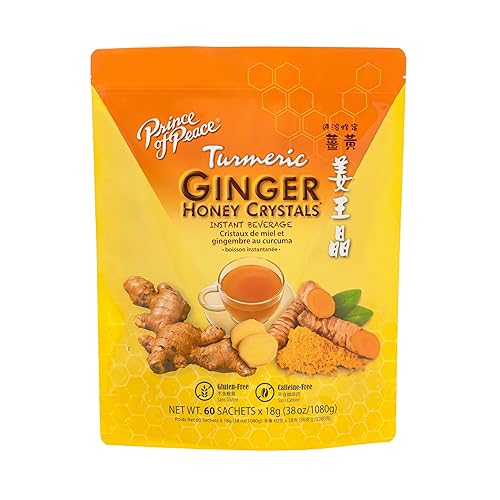 Prince of Peace Instant Ginger Honey Crystals with Turmeric, Value Pack 60 Sachets - Instant Hot or Cold Beverage Easy to Brew - Drink Like a Tea