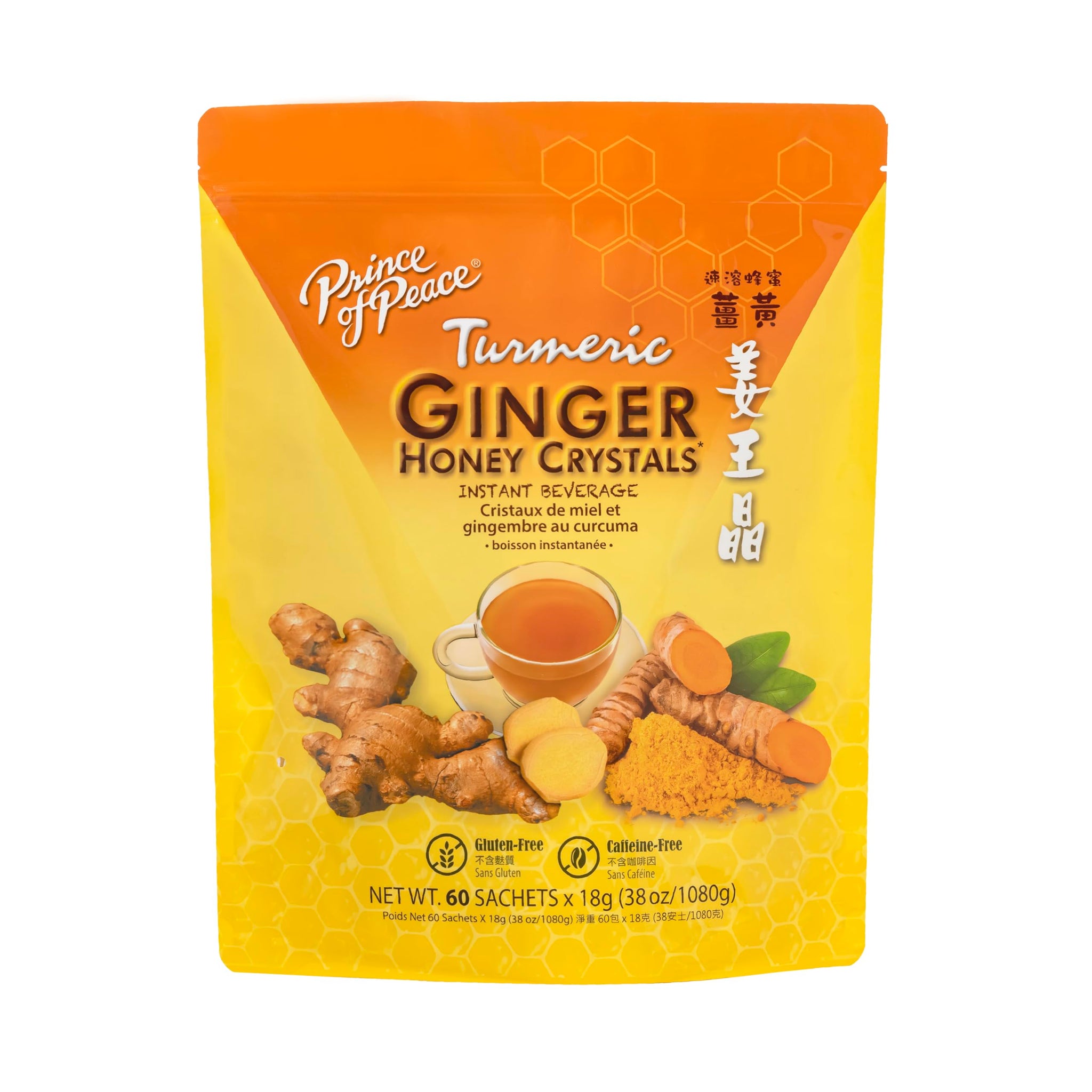 Prince of Peace Instant Ginger Honey Crystals with Turmeric, Value Pack 60 Sachets - Instant Hot or Cold Beverage Easy to Brew - Drink Like a Tea