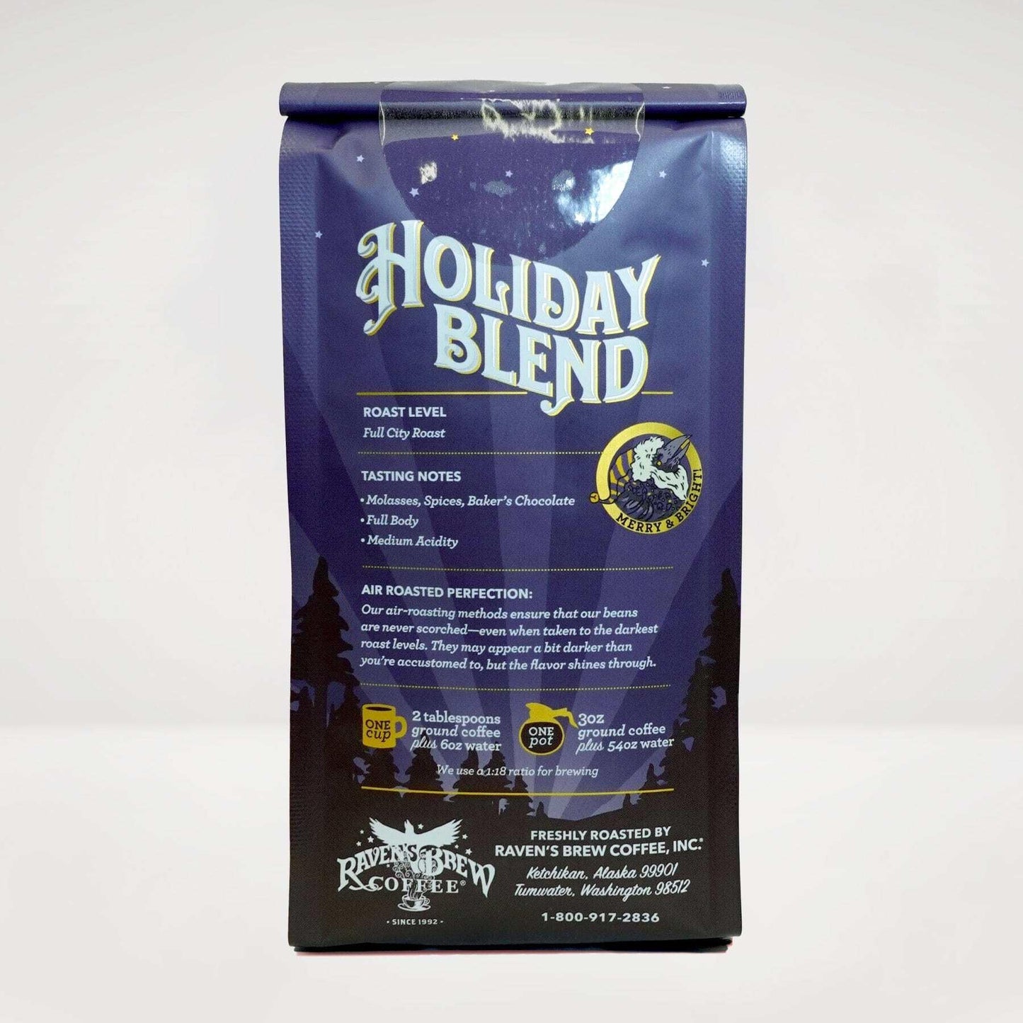 Raven's Brew Coffee Holiday Blend Ground Coffee - Premium 10oz Full City Roast with Molasses, Spices & Baker's Chocolate Notes | Seasonal Celebration