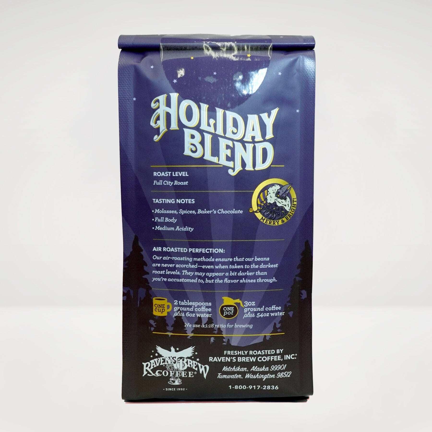 Raven's Brew Coffee Holiday Blend Ground Coffee - Premium 10oz Full City Roast with Molasses, Spices & Baker's Chocolate Notes | Seasonal Celebration