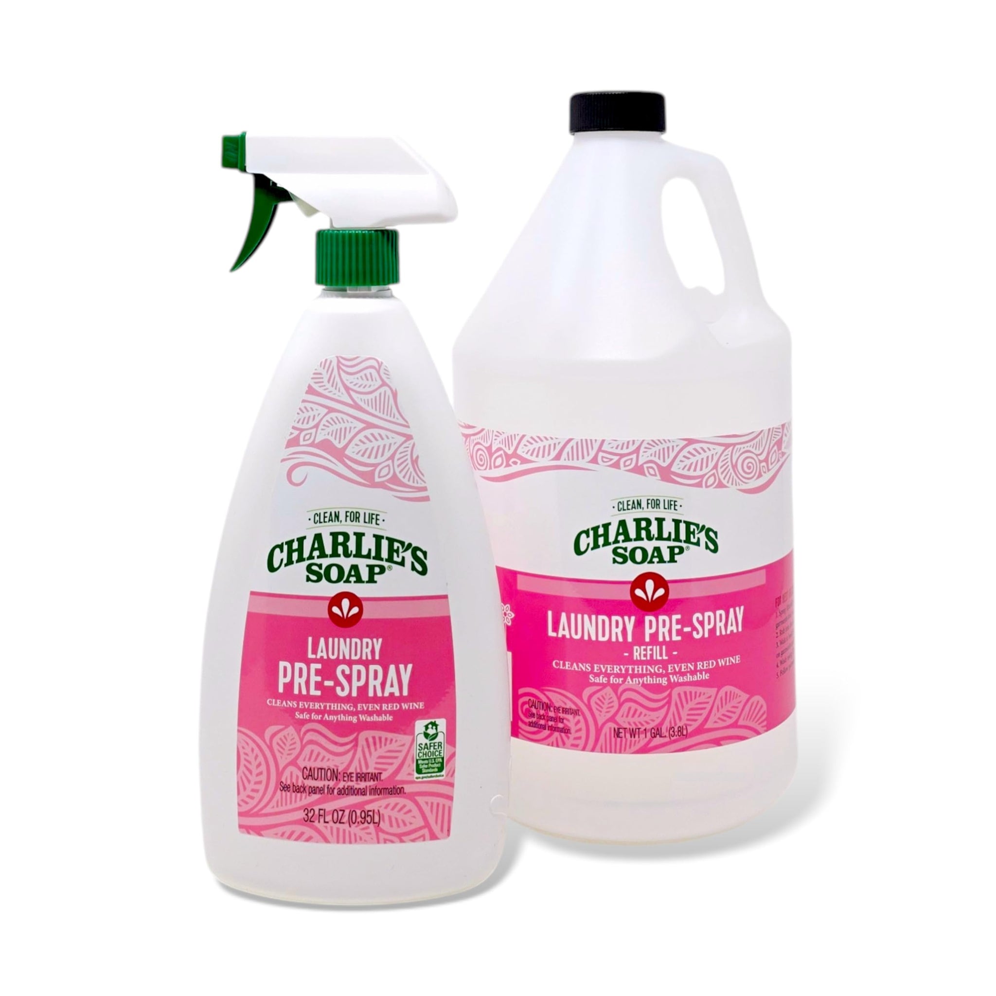 Charlie’s Soap Laundry Pre-Spray Stain Remover Refill Kit (160 fl oz), Natural Laundry Pretreat and Stain Remover (32 oz Sprayer + 128 oz Refill)