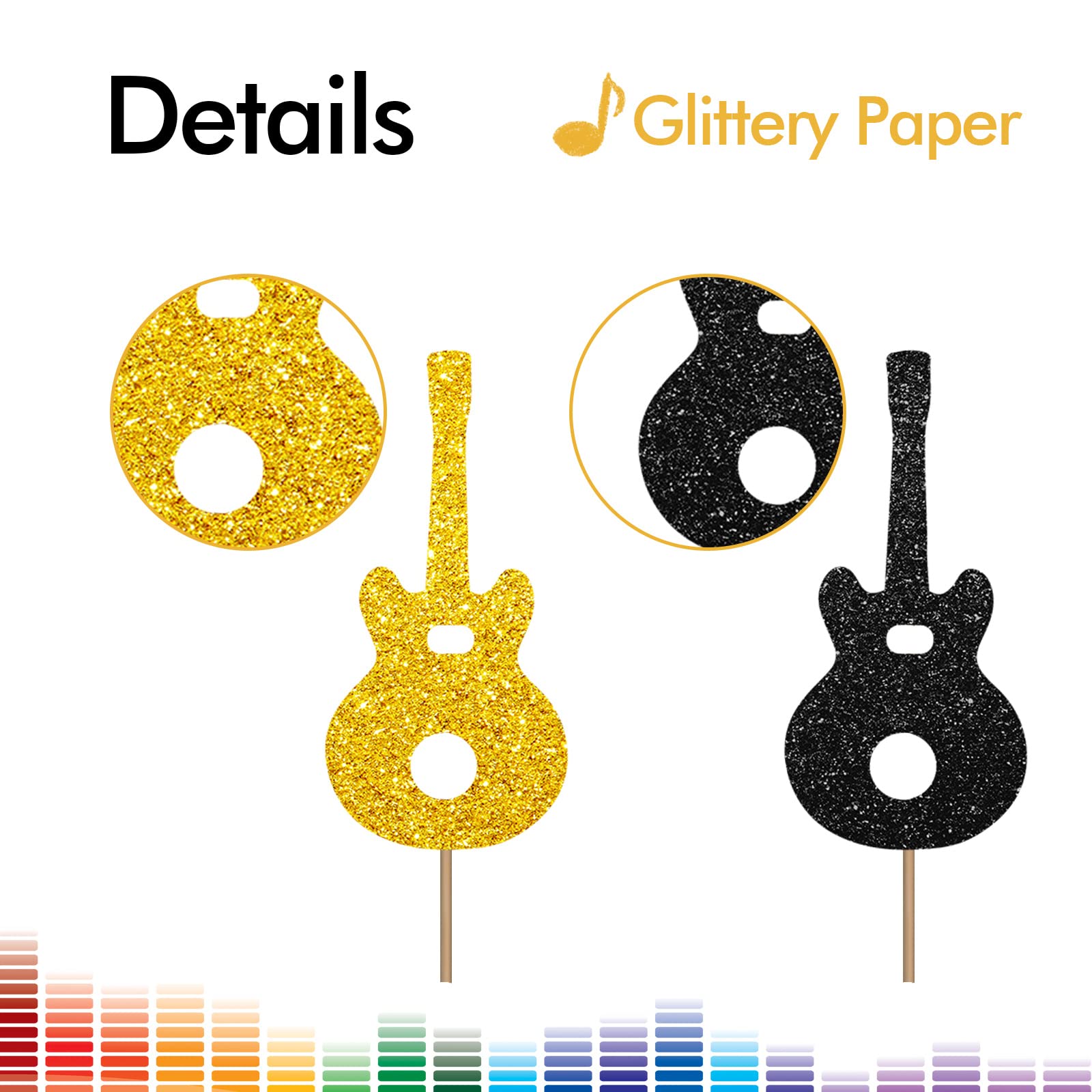 24PCS Guitar Cupcake Toppers, Rock Cupcake Topper for Boys, Music Notes Food Picks, Guitar Player Birthday Party Decoration - Black & Gold Glitter