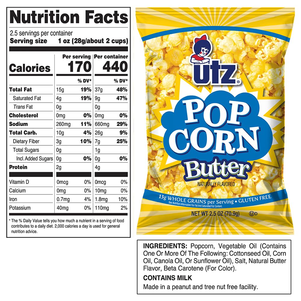 Utz Butter Popcorn - 14 Count, 2.5 oz Bags - Classic Buttery Flavor and Light Crunch - Snack Pack for Movie Nights, Lunches, and On-the-Go Snacking