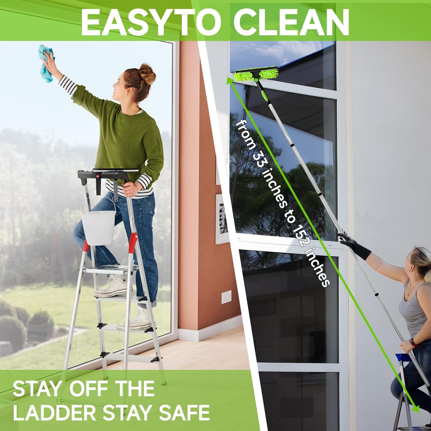 Professional 152" Window Squeegee Cleaner Tool with Extension Pole, 2-in-1 Squeegee for Window Cleaning Kit with Scrubber and Rotating Head, Window