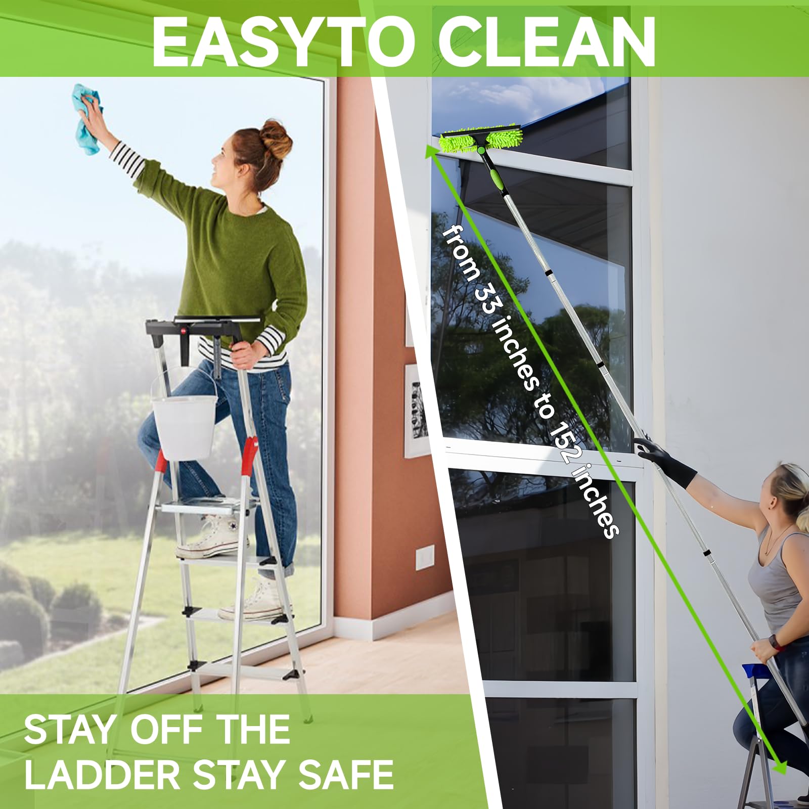 Professional 152" Window Squeegee Cleaner Tool with Extension Pole, 2-in-1 Squeegee for Window Cleaning Kit with Scrubber and Rotating Head, Window
